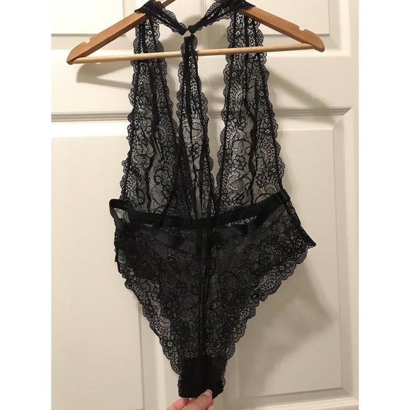 Plunging Lace Halter Teddy with Halter Back, Sexy Lingerie, Black, Size 1X-2X - Picture 4 of 15